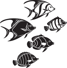 Fototapeta premium Black and White Fish Illustration Set Angelfish Moorish Idol