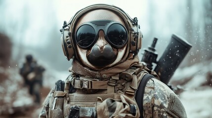 A captivating image of a soldier with a unique animal-inspired helmet featuring bold goggles, set in a misty environment, evoking strength and rebellion.