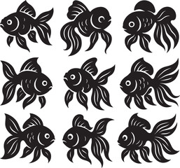 Fototapeta premium Nine Black Goldfish Stylized Silhouettes vector