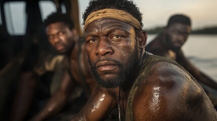 Three men focus intensely on their task in an outdoor environment, embodying strength, teamwork, and determination, with a backdrop of nature enhancing the atmosphere.