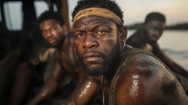 Three men focus intensely on their task in an outdoor environment, embodying strength, teamwork, and determination, with a backdrop of nature enhancing the atmosphere.