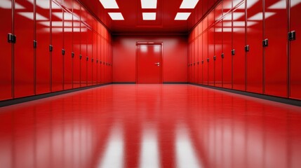 An intriguing image showcasing a modern red locker room, emphasizing clean lines and a bold color palette, creating a vibrant and energetic atmosphere.