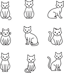 Nine Line Art Cats: Elegant Cat Illustrations for Design Projects