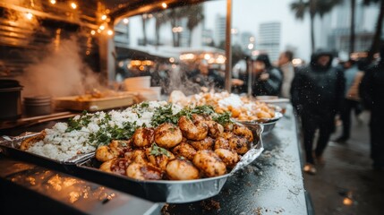 Obraz premium A bustling food market featuring vibrant, delicious dishes expertly arranged, creating an inviting atmosphere that entices the senses with aromas and vibrant colors.