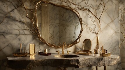 Obraz premium Artistic vanity setup with a handcrafted brass mirror frame featuring sculptural organic details .