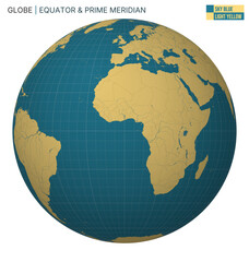 Vector Globe centered to Equator & Prime Meridian. Sky Blue Light Yellow palette. World map with meridians, parallels, countries, rivers and lakes. Modern vector illustration.