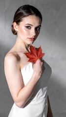 Elegant Woman in White Dress Holding Autumn Leaf