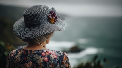Elegant senior woman in a floral dress and hat, gazing at a beautiful coastal landscape.