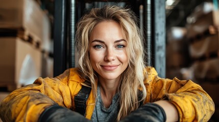 Fototapeta premium A hardworking female warehouse worker smiling in her gear amidst pallets, showcasing resilience and strength in a traditionally male-dominated industry, inspiring others.