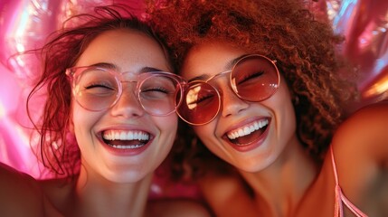 Two vibrant young women wearing stylish sunglasses are laughing together on a playful pink backdrop, radiating joy, friendship, and the carefree spirit of youthful moments.
