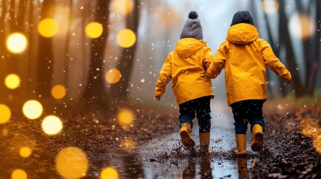 This enchanting image captures two children wearing bright yellow raincoats joyfully splashing through puddles in the rain, symbolizing the purity and exhilaration of childhood innocence.