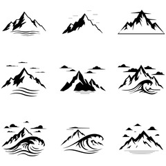 A collection of nine mountains battling gale-force winds, shown in dynamic silhouette form