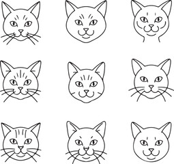 Nine Minimalist Cat Face Illustrations: Line Art Design Elements