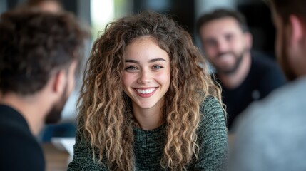 Obraz premium A charming girl with curly hair smiles brightly at the camera, surrounded by friendly peers in a casual gathering, reflecting the warmth of social connections and camaraderie.