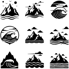 A collection of nine mountain and wave icons, celebrating the spirit of exploration and discovery