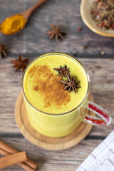 Turmeric golden milk latte with cinnamon and anise star. Healthy vegan hot drink.