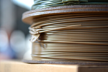 Plastic wire for 3d printer. Spools of plastic threads for printing on 3D printer. Spool of filament. Plastic for 3D printer. Components for 3D printing. New modern additive printing FDM technology
