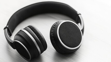 Black over-ear headphones on a light surface.