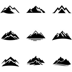 Complete collection of modern mountain peak icons in a minimalist black and white grid layout