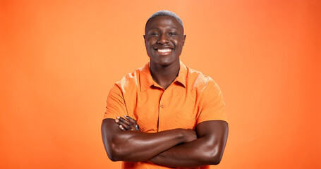 Fashion, confidence and portrait of black man in studio with trendy clothes, outfit and cool style....