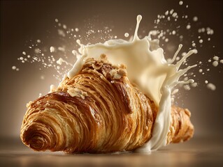 Delicious Buttery Croissant with Creamy Milk Splash: Gourmet Pastry Photography