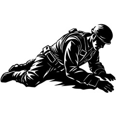 Silhouette of a soldier crawling on the ground isolated on white background