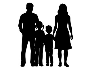 Silhouette of a family with two children isolated on white background