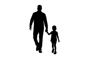 Silhouette of a father and son walking hand in hand isolated on white background