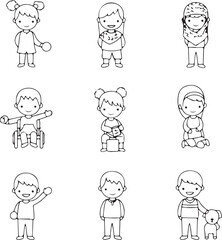 Nine Unique Pixel Art Children Illustrations: Diverse Poses and Activities
