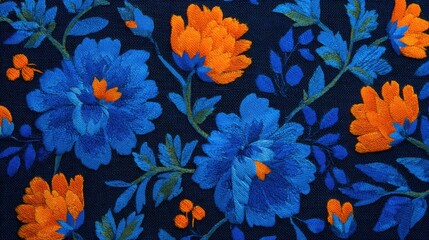 Obraz premium Vibrant blue and orange flowers are intricately embroidered on a dark fabric background, showcasing detailed floral patterns and rich colors.