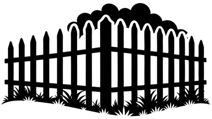 Black silhouette of a corner picket fence with grass and bush isolated on white background