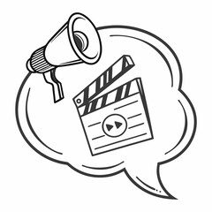 Megaphone and clapperboard in speech bubble graphic illustration  