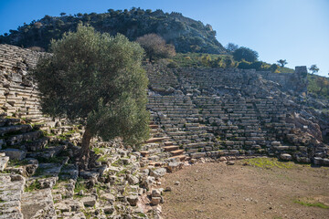 View of theatre of ancient Greek city Kaunos in Caria or Caunus in Roman period in Anatolia. Famous...