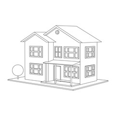 3D suburban house model. Drawing of the modern building. Cottage project on white background. Vector illustration.