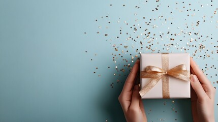 A beautifully wrapped gift box sits amidst scattered golden confetti, evoking feelings of celebration and joy, perfect for moments of giving and receiving special surprises.