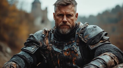 A rugged knight clad in battle-worn armor exudes strength and determination, surrounded by natural elements, reflecting the resilience and nobility of ancient warriors in history.
