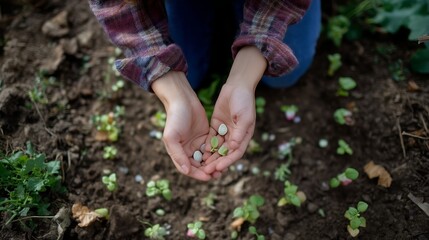 Gardening hands nurture seedlings in a backyard garden during springtime planting sessions