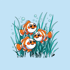 Naklejka premium Three cute cartoon clownfish in seaweed