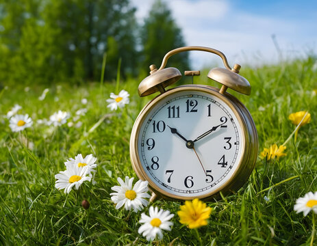 alarm clock on green grass, daylight saving time. Sommer time, winter time, changeover, switch of time. Sommer or winter time. Clock as a timer for celebrations. Spring flowers, grass, blue sky