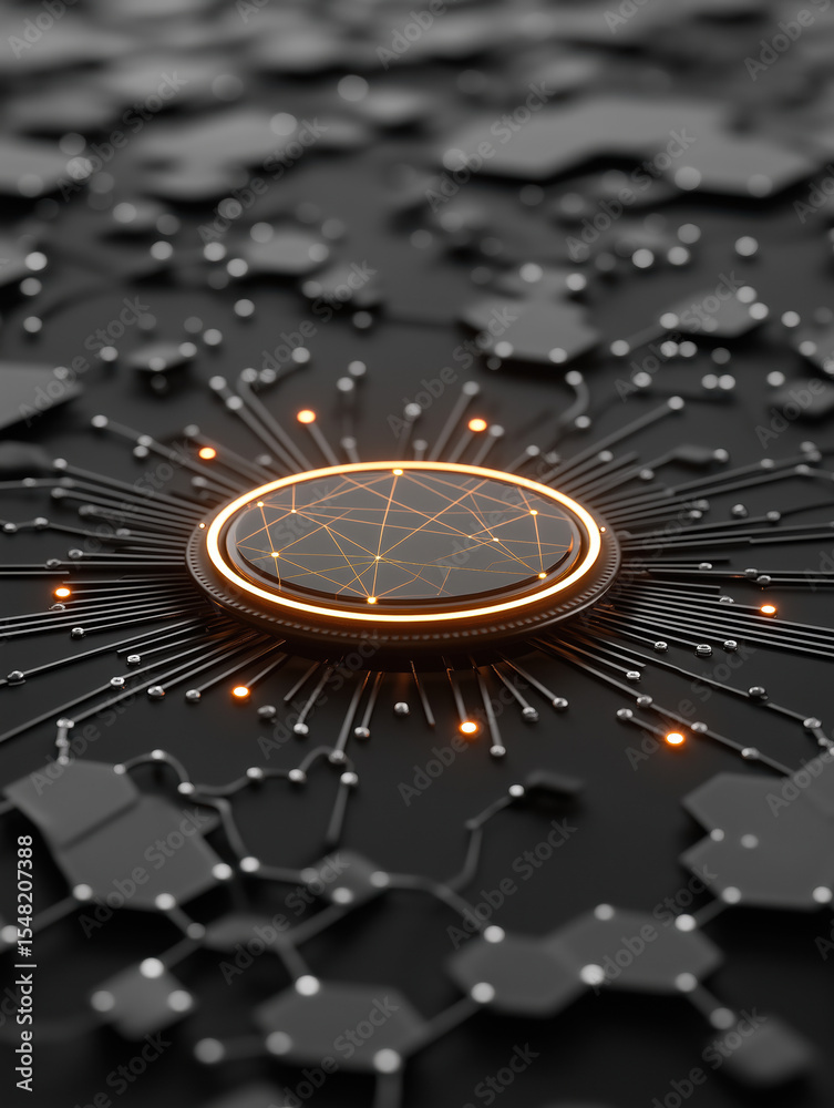 Poster modern digital network with interconnected nodes and glowing elements on a dark background
