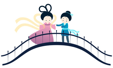 Qixi Festival, Tanabata lovers meeting on magpie bridge kawaii characters illustration, isolated vector. Hand drawn cute flat design. Traditional Chinese holiday element. China Valentines Day