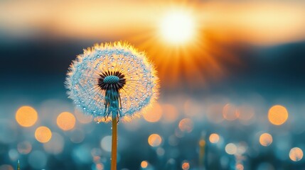 Fototapeta premium Dandelion seeds drifting gracefully in wind, illuminated by warm glow of golden sunset, with copy space