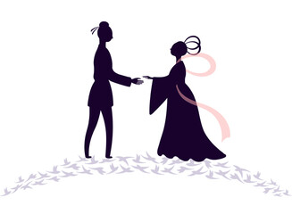 Qixi Festival, Tanabata lovers meeting on magpie bridge silhouette illustration, isolated vector. Hand drawn flat design. Traditional Chinese holiday clip art element. China Valentines Day