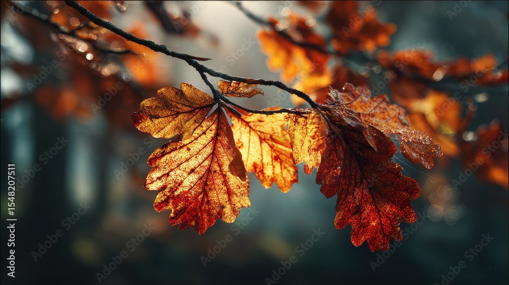 Poster colorful autumn leaves with water droplets gleaming in the light during the day in a garden setting 