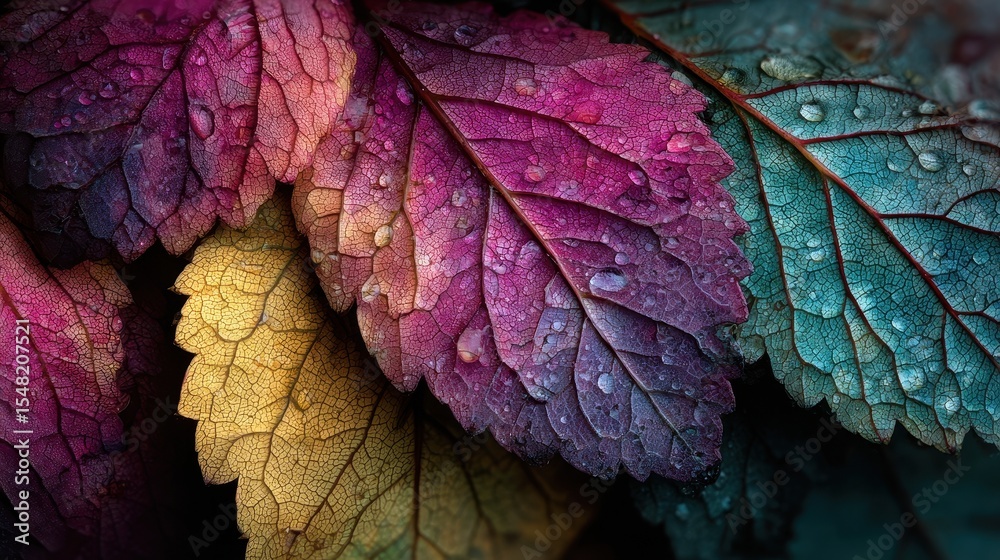 Poster colorful autumn leaves with water droplets gleaming in the light during the day in a garden setting 