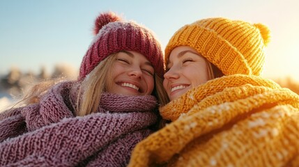 This heartwarming image captures two friends smiling joyfully while wrapped in cozy scarves and hats, embracing the winter atmosphere with warmth and love.