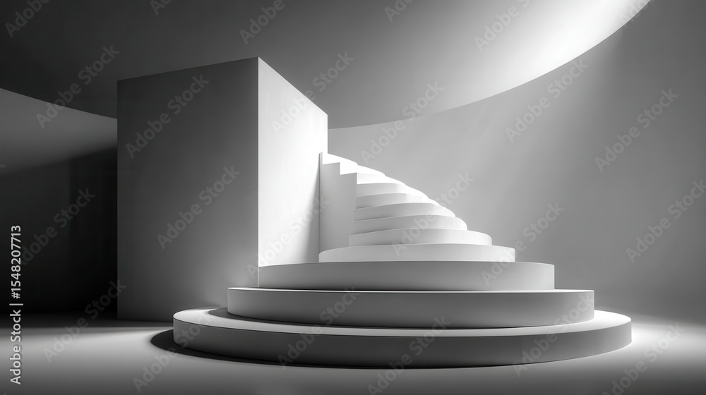 Poster Abstract staircase leads up and out of a white cubic room into an unknown space, emphasizing minimalist design and the journey upwards
