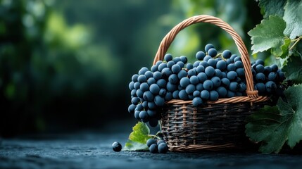 A lush display of ripe, dark grapes resting in a rustic woven basket, set against a serene vineyard backdrop, emphasizing the beauty of natural produce and abundance.