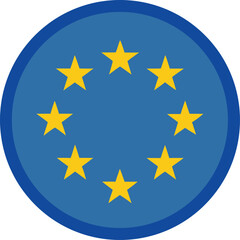 Flat vector illustration of the European Union flag in circular format with yellow stars on blue background, ideal for web, apps, and education use
