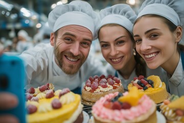 Three smiling chefs taking selfie in bakery, wearing white uniforms. Concept of social media for bakers, showcasing vibrant cakes. Perfect for cooking inspiration.